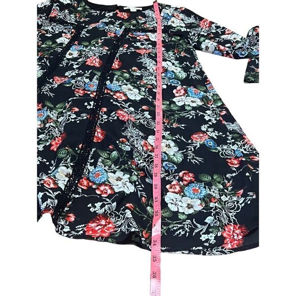 Miami Women's Floral Embroidered Shift Black Long Sleeve Short Dress Size M - Picture 4 of 7